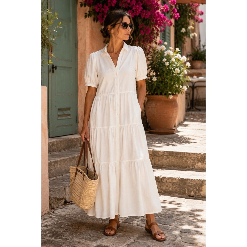 Brochu Walker Havana Dress Ivory Puff Sleeve Tiered Midi Maxi Shirt Dress M